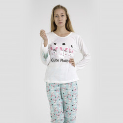 Pijama algodón estampado camisa color blanca y pantalón azul, Cute Rabbit