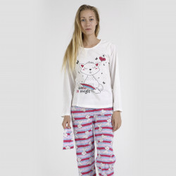 Pijama algodón estampado camisa color blanca y pantalón rosa, con rayas horizontales, Believe