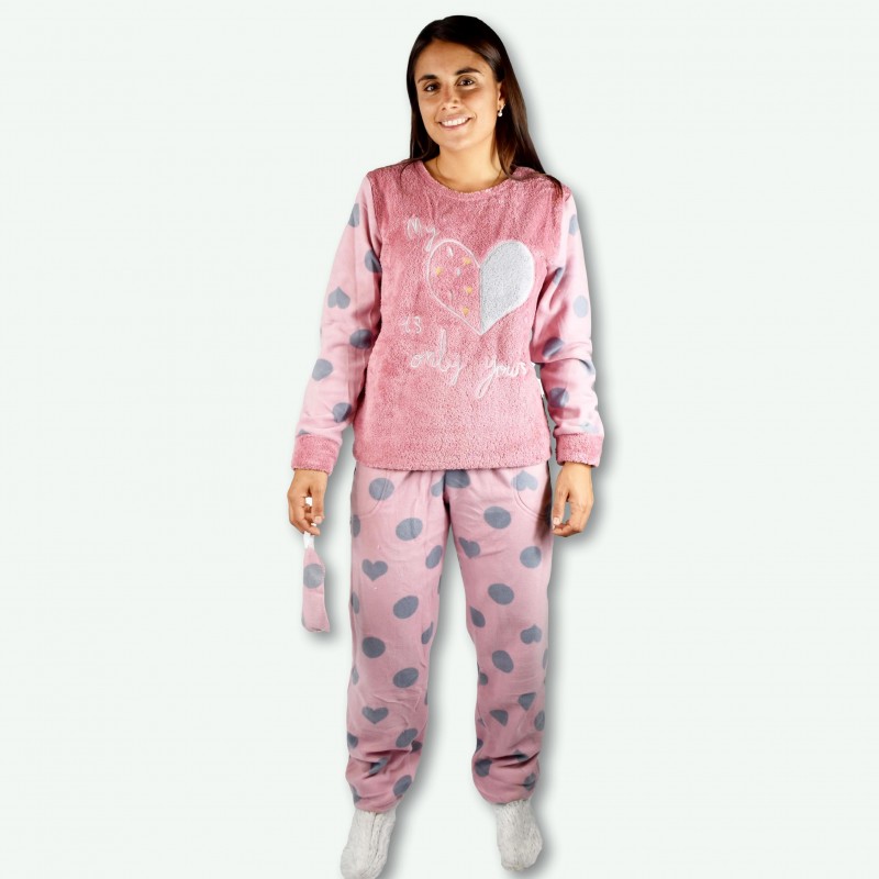 Pijamas mujer invierno, bordado con pantalón y mangas de polar