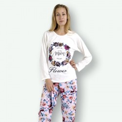 Pijama algodón estampado camisa color blanca y pantalón rosa, Moon Flower