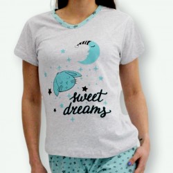 Pijama barato mujer primavera manga corta pantalón largo Sweet dreams, detalle del dibujo