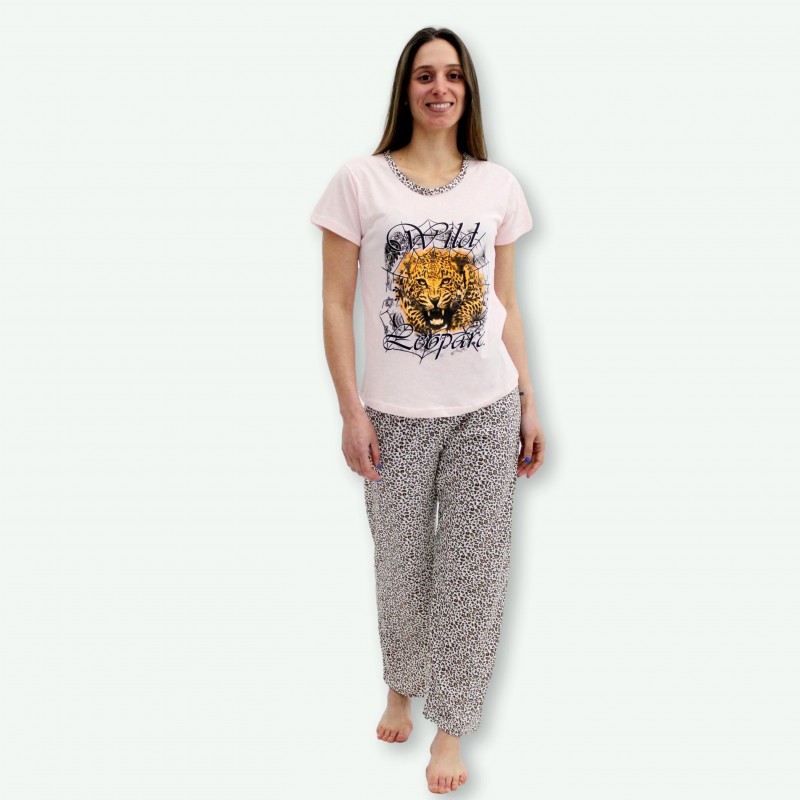 Pijama barato de primavera para mujer, con manga corta pantalón largo 100% algodón modelo wild