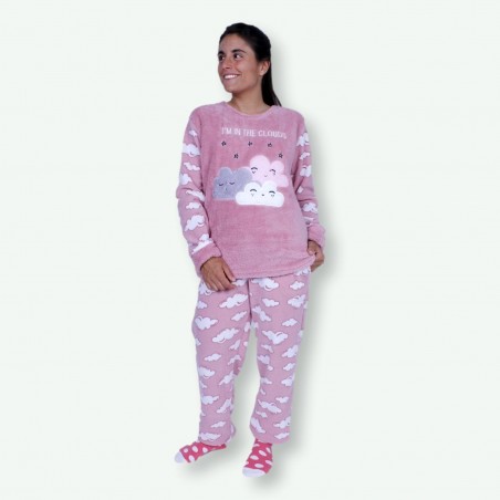 Pijama mujer bordado de invierno, tejido polar, Modelo CLOUDS