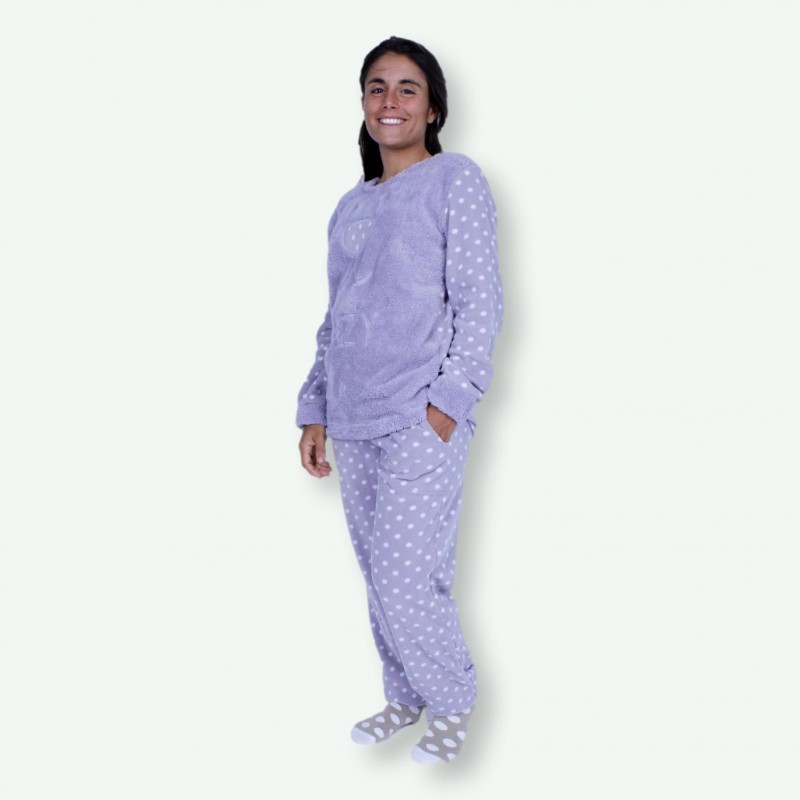 Pijama mujer bordado de invierno, tejido polar, Modelo LAZY