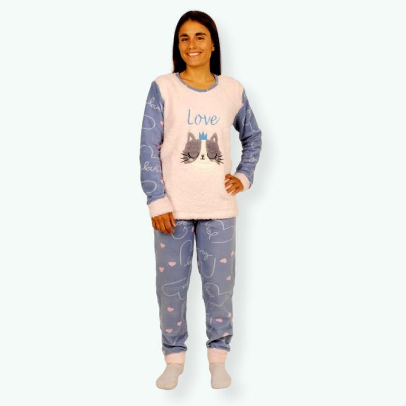 P64 -Pijama mujer polar bordado Modelo KING CAT
