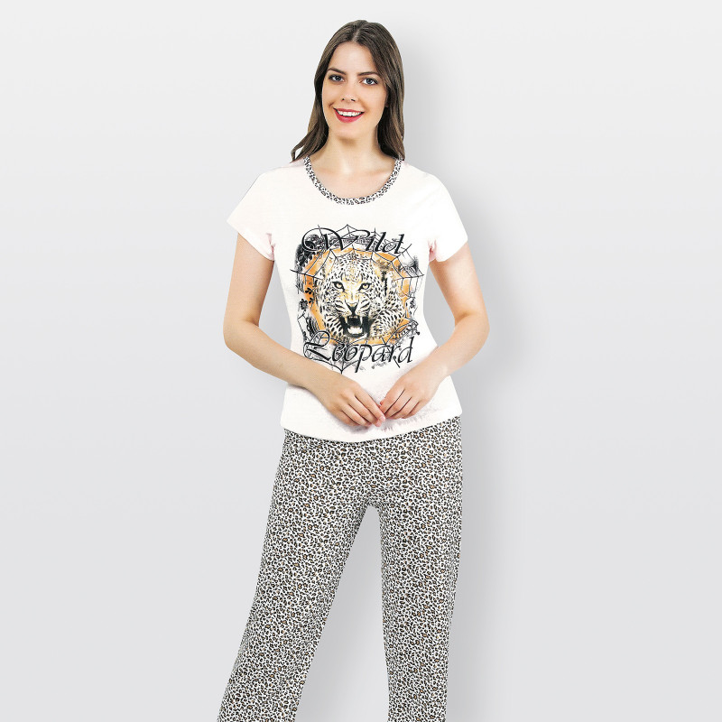 Pijama barato de primavera para mujer, con manga corta pantalón largo 100% algodón modelo Leopard