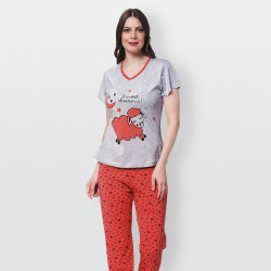 Pijama barato de primavera para mujer, con manga corta pantalón largo 100% algodón modelo Sweet dreams rojo