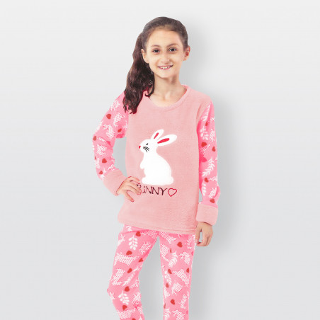 Pijama de invierno para niños. Pantalón polar y camisa afelpada Bunny rosa